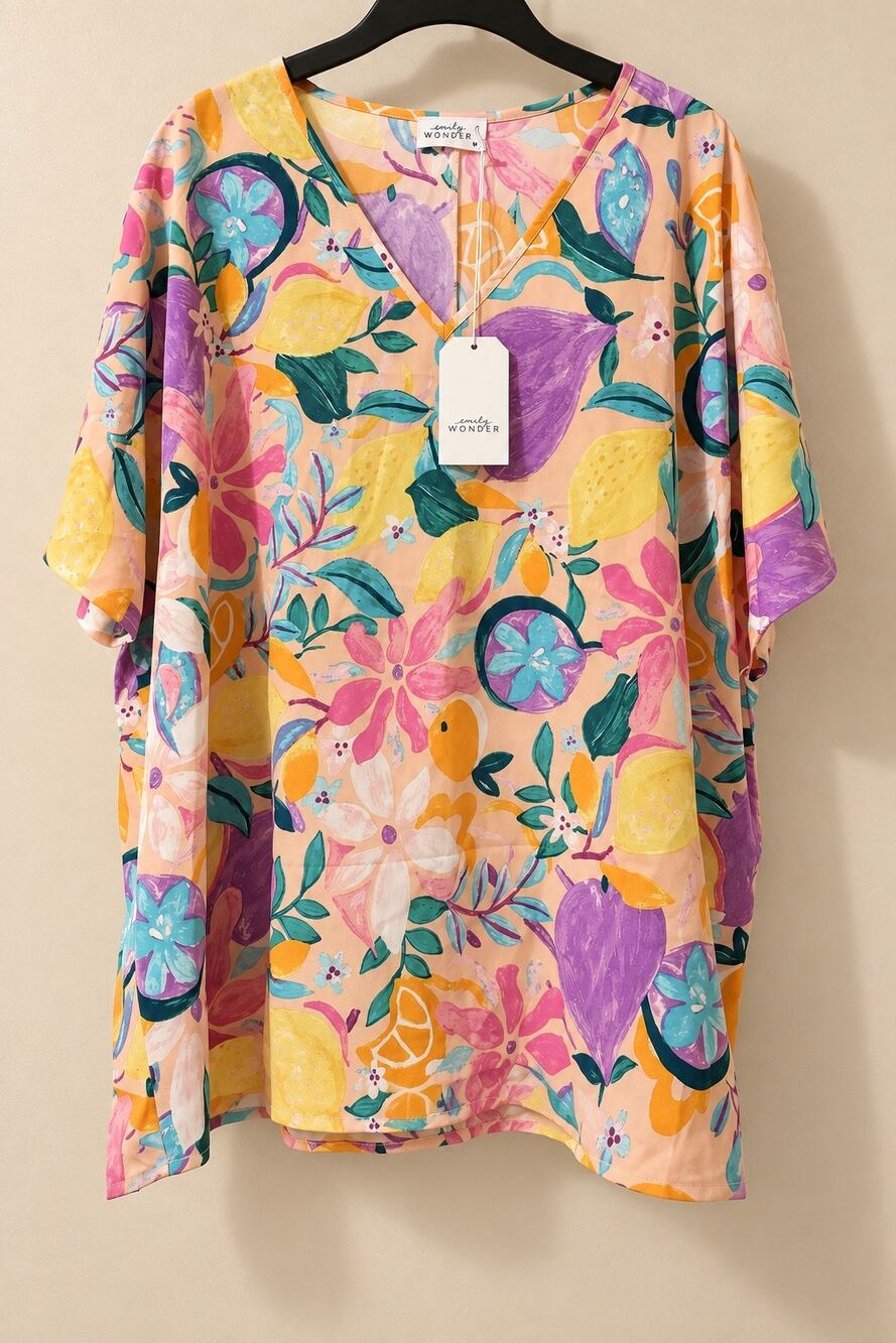 Emily Wonder Citrus Floral Tunic Top M V Neck Flutter Sleeve Peach NWT